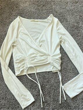 Timing Cream Wrap Ruched Long Sleeve Crop Top